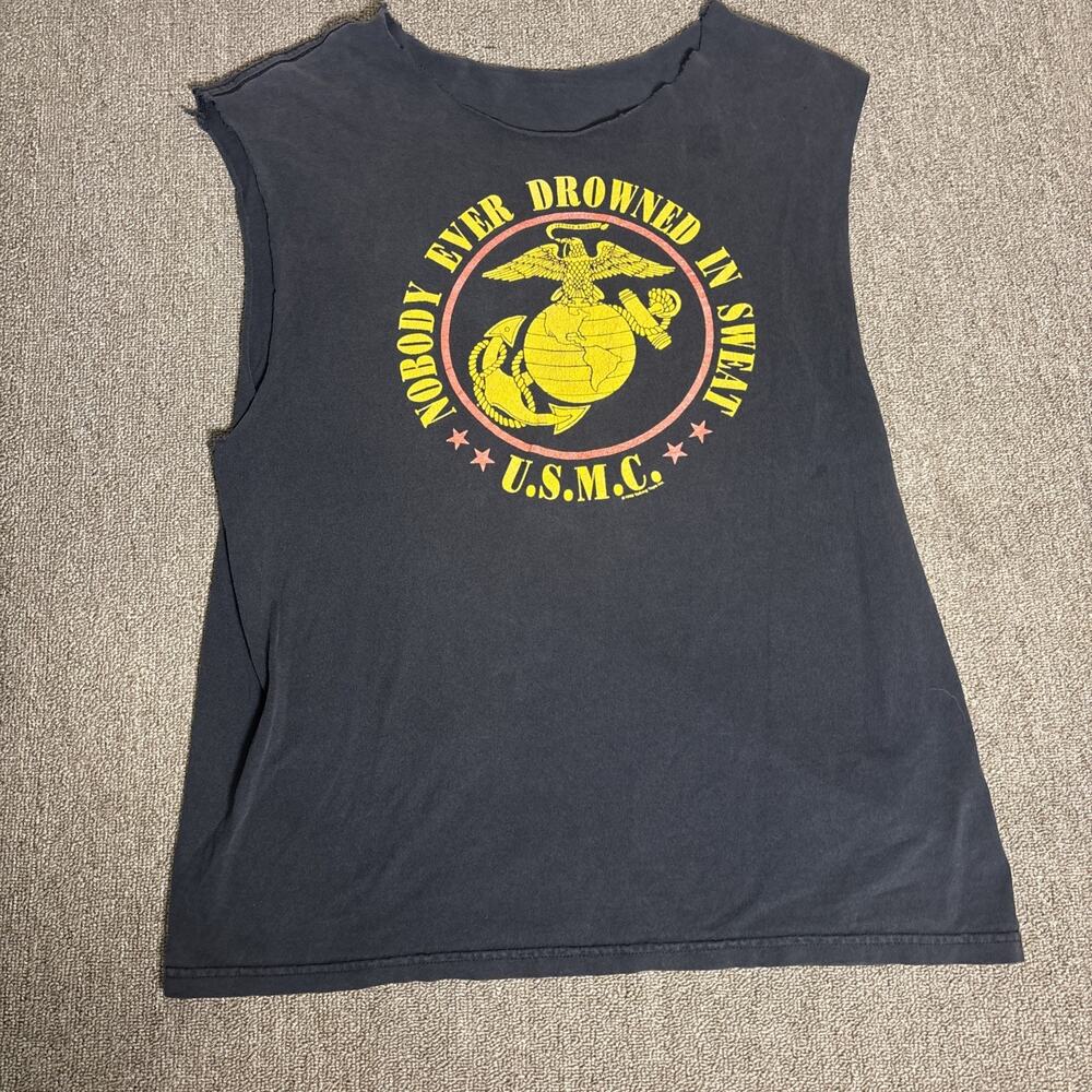 VTG 1992 USMC Marine Corps T-shirt Cut Sleeves/collar Large Black